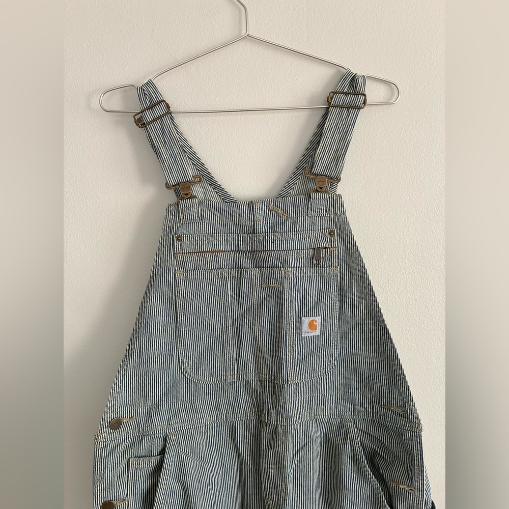 Carhartt Navy & White Striped Denim Bib Overalls with Logo Patch